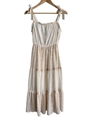 Japna Floral Tiered Midi Dress Sz M Cream Beige Prairie Boho Cottagecore Spring